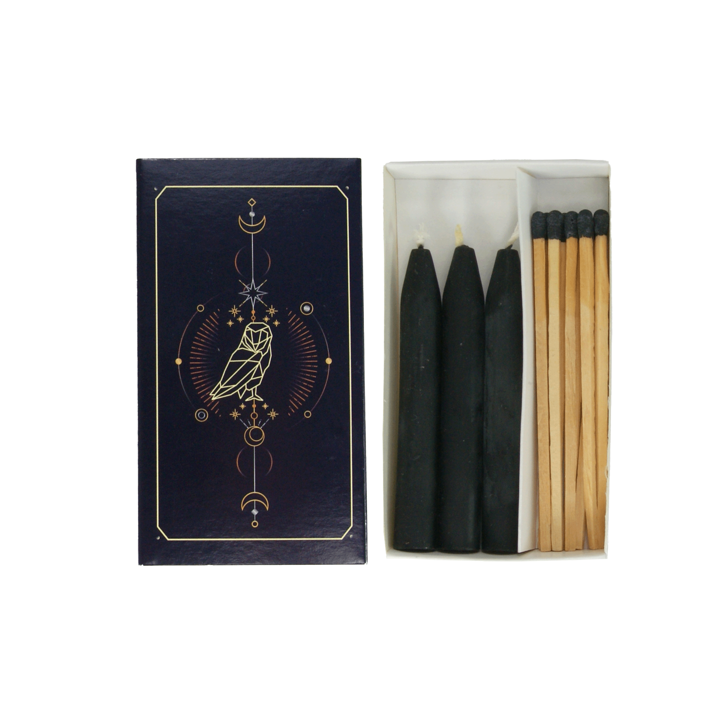 Ritual-Set „Die Eule – Hüterin der Geheimnisse“ – Schwarze Kerzen & lange Streichhölzer