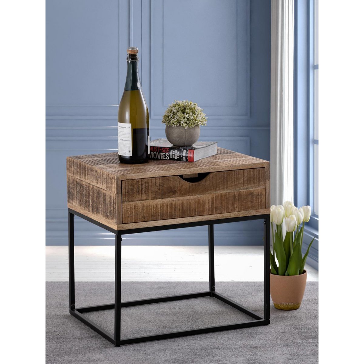 Nachtschrank - Nachtkästchen - Mangoholz 45x45x35cm - Maya - Beistelltisch - Industriell Metall Gestell
