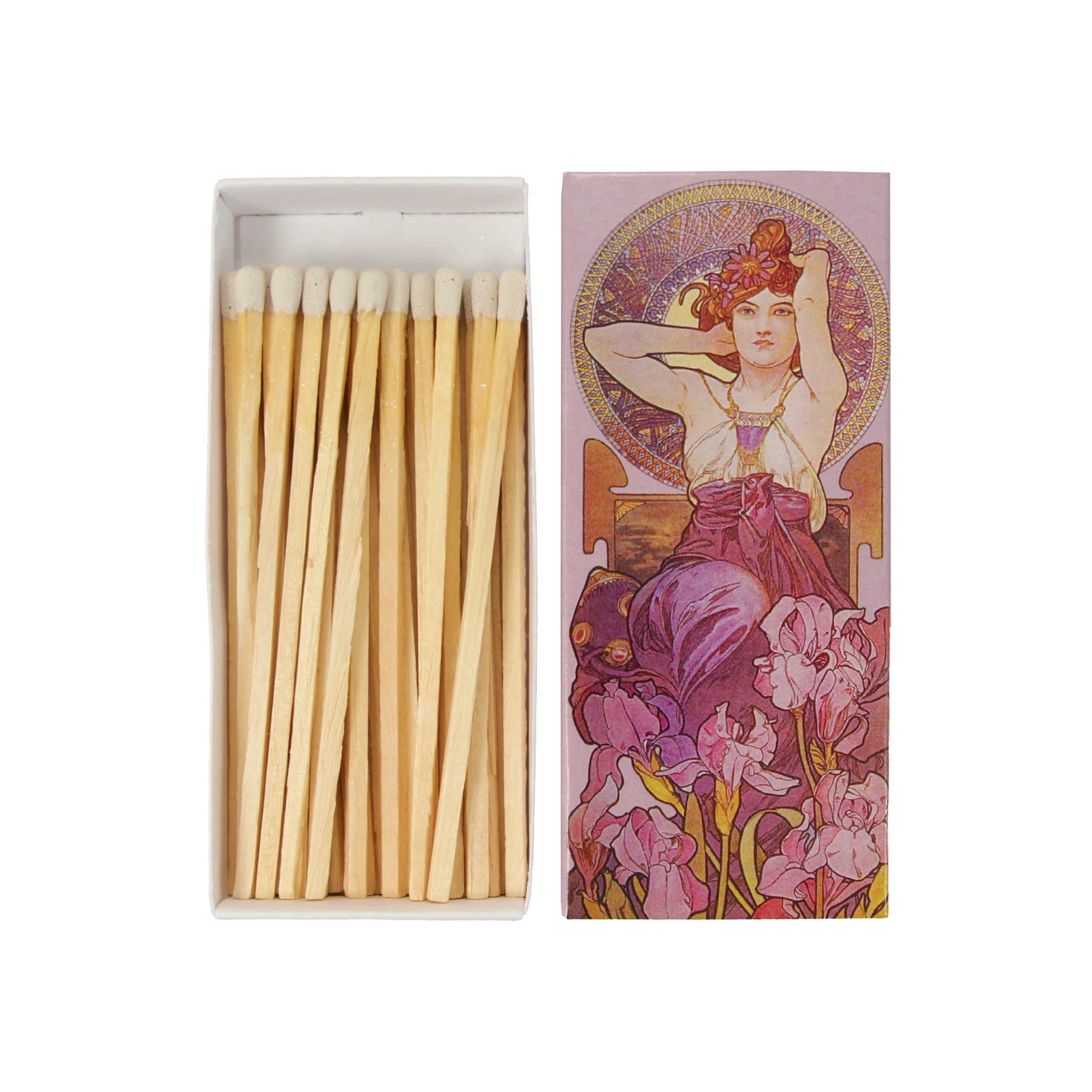 Jugendstil Streichhölzer – „Frau in Schwertlilien“ von Alphonse Mucha, lange Design-Streichhölzer