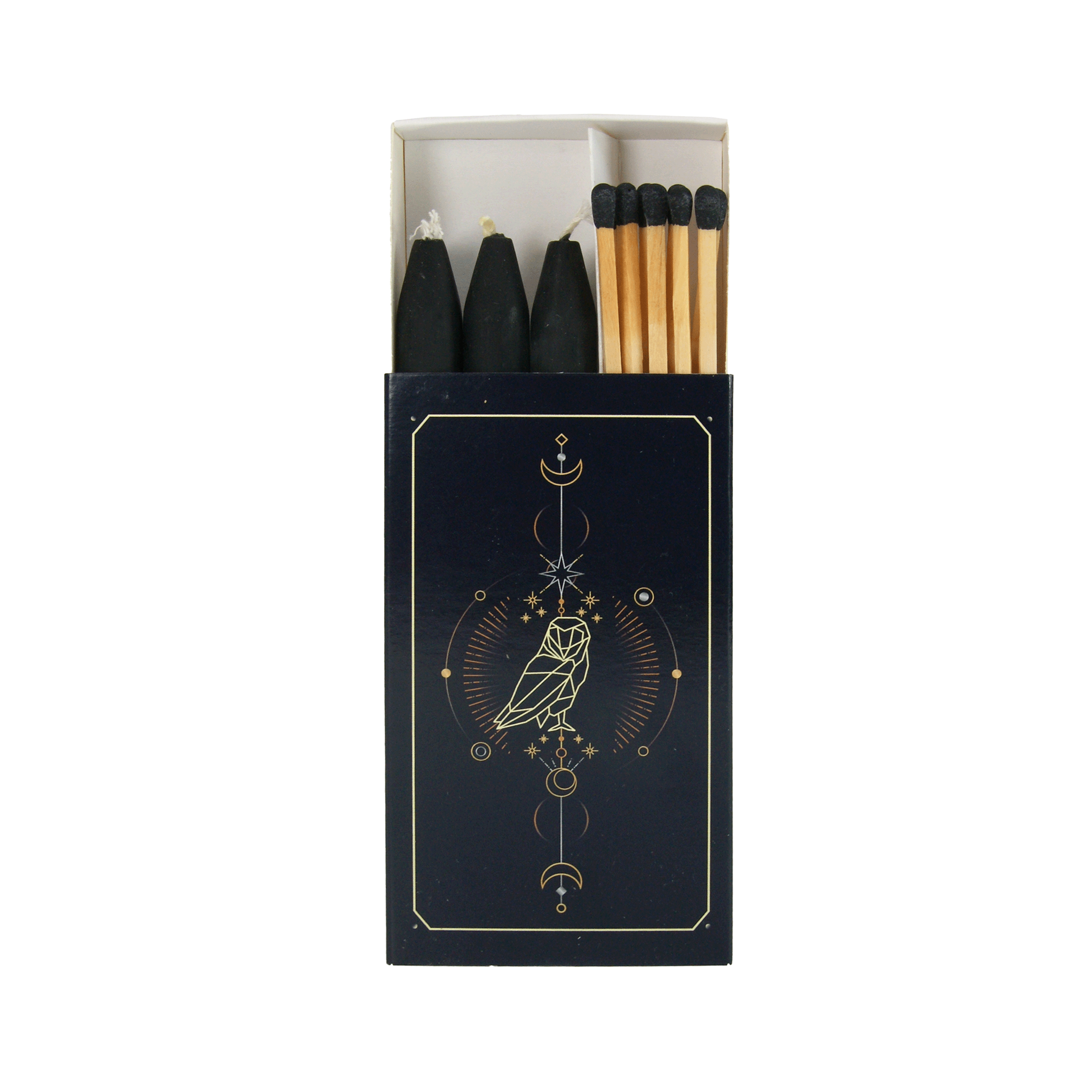 Ritual-Set „Die Eule – Hüterin der Geheimnisse“ – Schwarze Kerzen & lange Streichhölzer