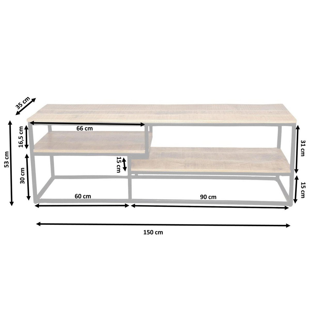 TV Lowboard - Fernsehschrank - 150 x 51 x 36 cm - Liverpool - Metall-Gestell schwarz matt